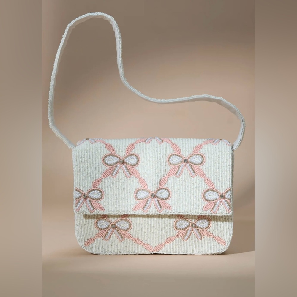 Altar'd State White Beaded Crossbody Bag with Pink Bow Accents